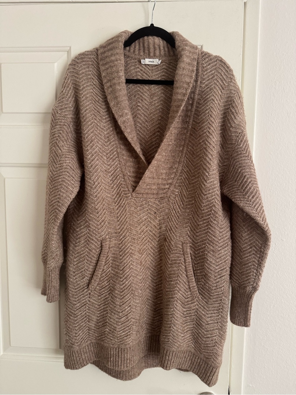 Vince Taupe Shawl Collar Chevron Knit Sweater